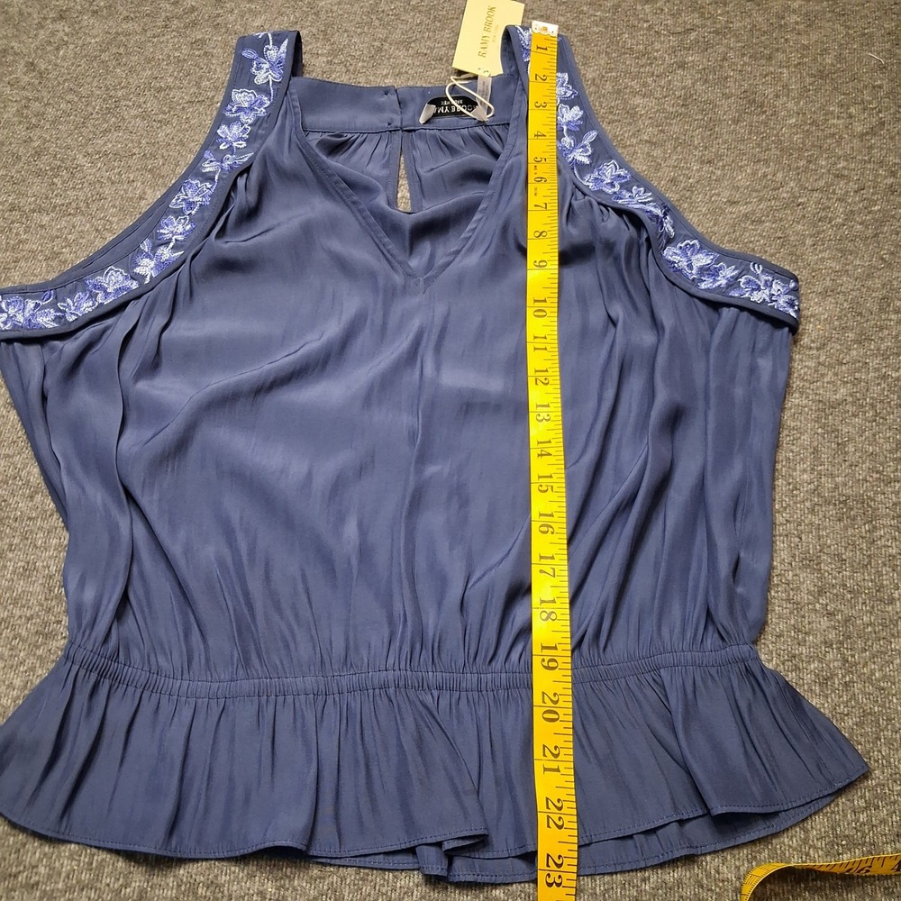 Ramy Brook Satin Blue Embroidered Sleeveless Smocked Peplum Top Large NWT - Picture 5 of 13
